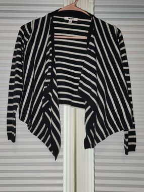 DKNY Black and White Striped Open Drape Cardigan